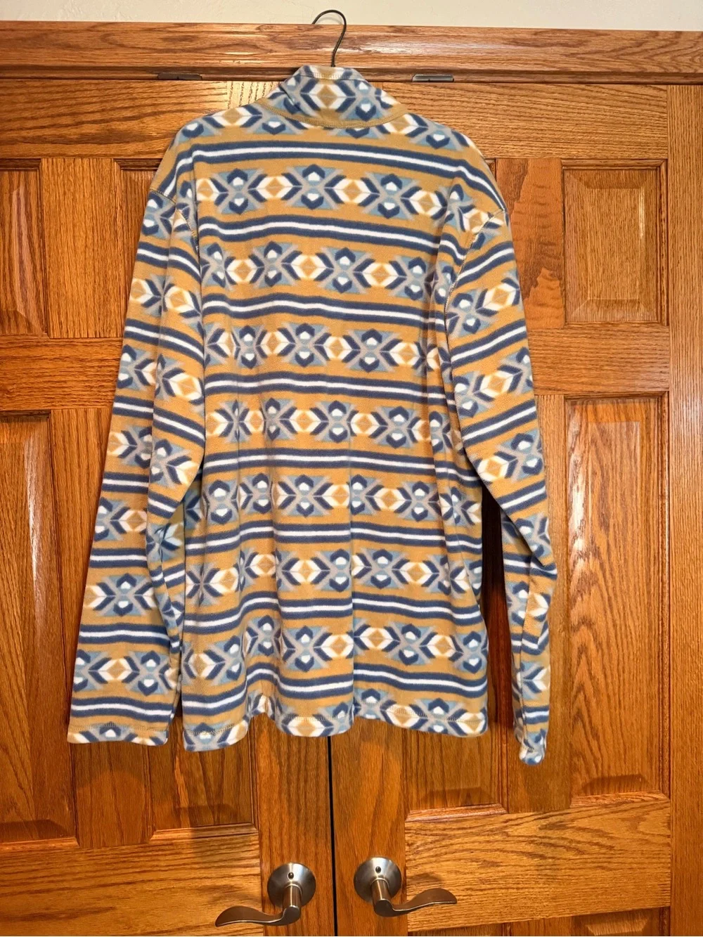 Eddie Bauer Men’s Fleece Quarter‑Zip Jacket in Mustard, Blue, White Pattern